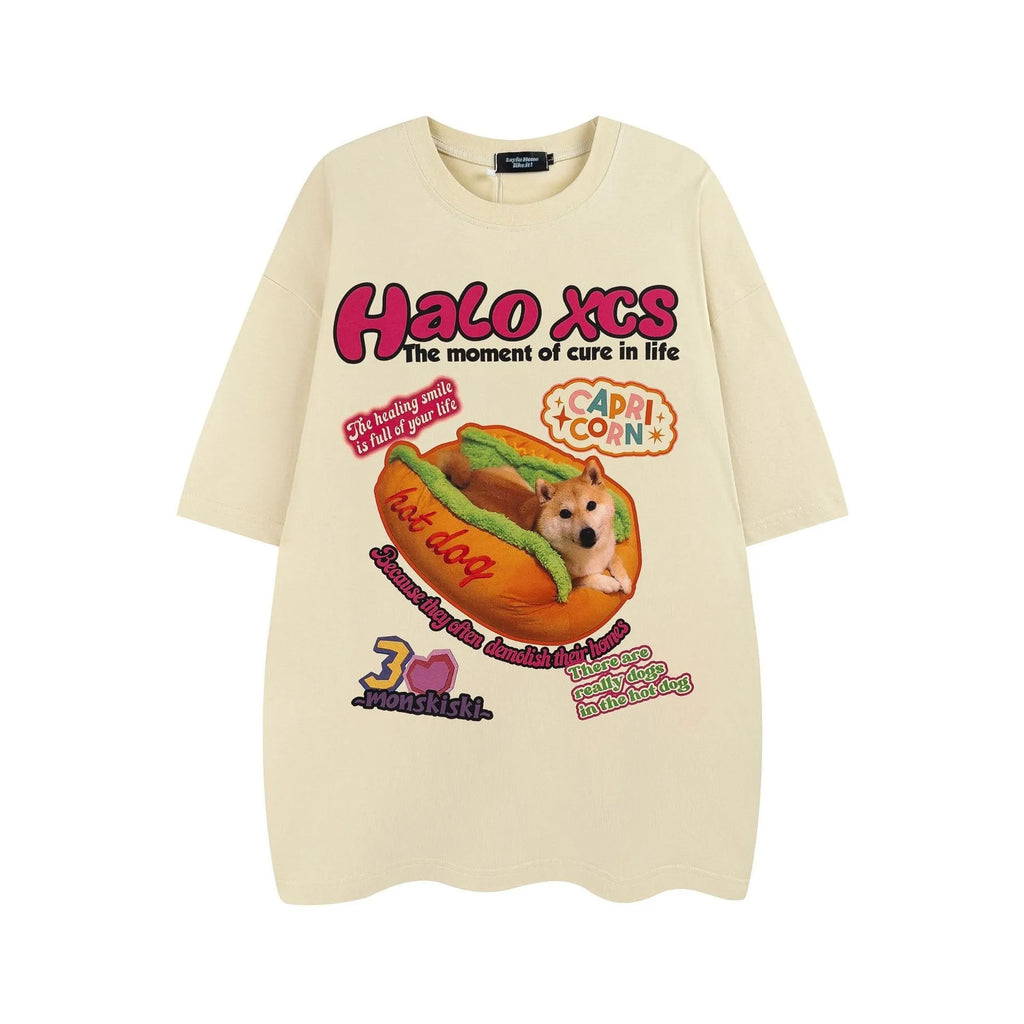 Cartoon hamburger dog printed cotton t-shirt in loose fit available in white, apricot, and sky blue colours
