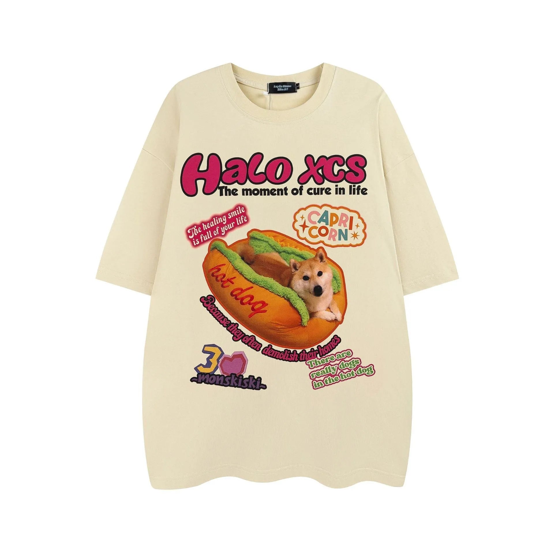 Cartoon hamburger dog printed cotton t-shirt in loose fit available in white, apricot, and sky blue colours