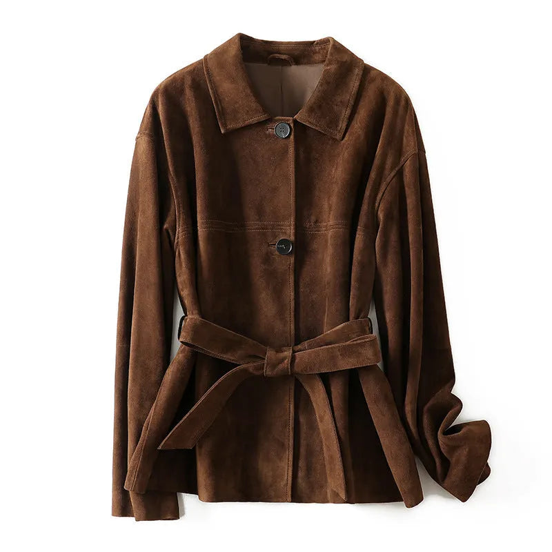 Yellow brown retro-style leather cashmere coat with Peter Pan collar and belt on a hanger.