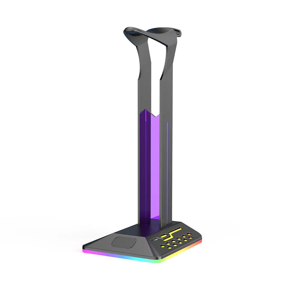 RGB headset bracket with dual USB ports and colour-changing LED lighting on a desk