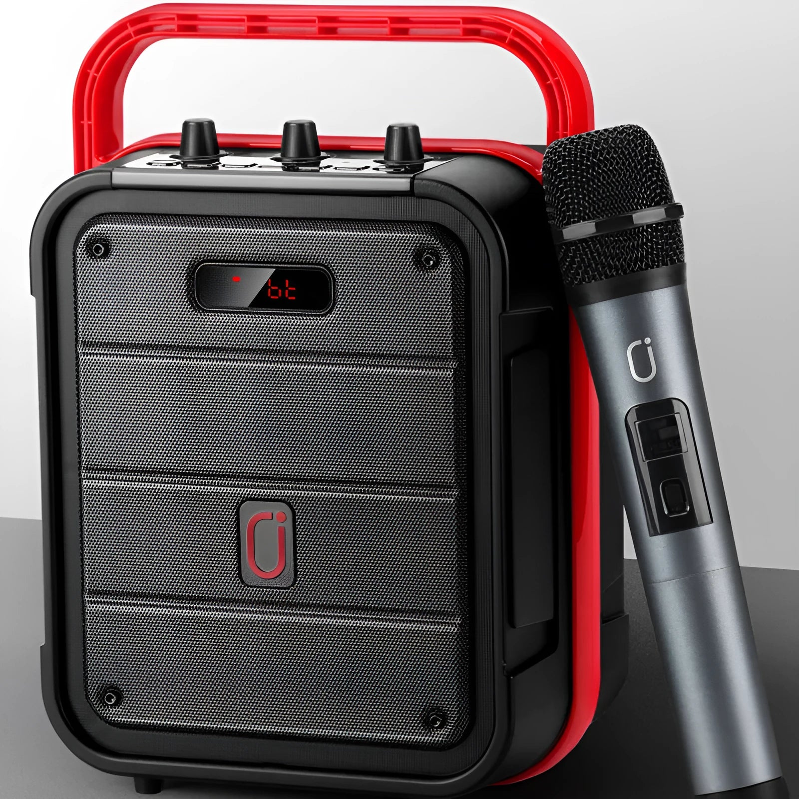 MS62AI portable Bluetooth speaker with wireless microphone measuring 241x145x329mm