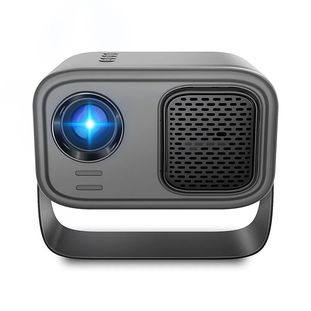 Black portable HD projector with Android interface and remote control on desk