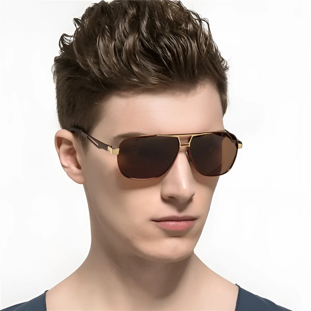 Men's orange red aviator sunglasses with polarised lenses and a metal frame.