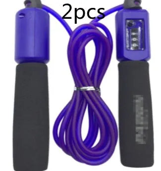 A fitness skipping rope with sponge handles, showing the 3m length and available in black, blue, green, and red colours.