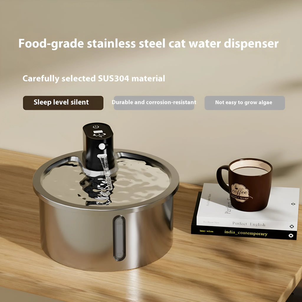Stainless steel heated pet water fountain with adjustable temperature base in black or white