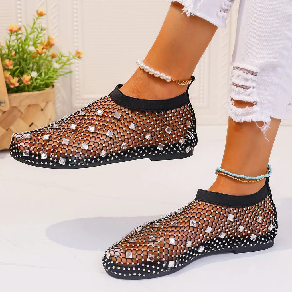 Women's colourful mesh flat sandals with rhinestone design and round toe profile