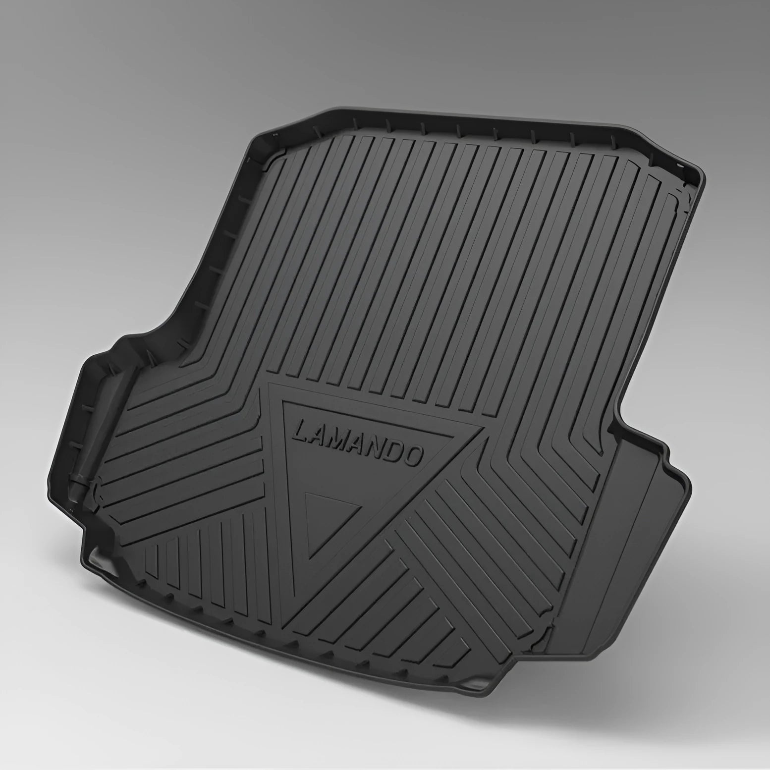 Black TPE car boot liner with a carbon fibre pattern texture, laid flat.