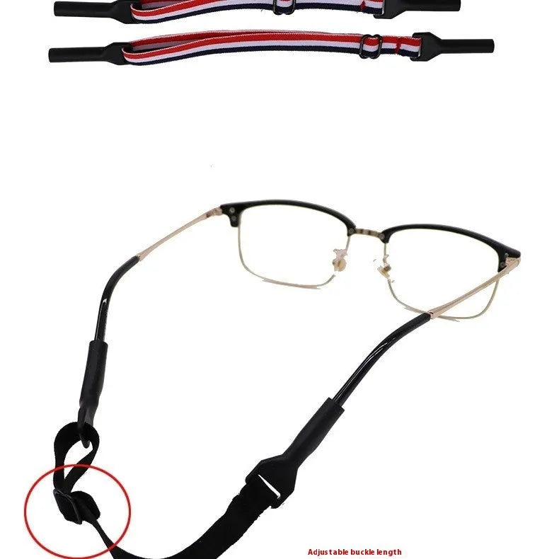 Black adjustable glasses cord strap with silicone earpieces for securing eyewear