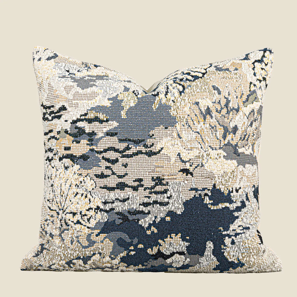 Antique blue decorative cushion with abstract floral pattern, shown in square and waist pillow sizes.