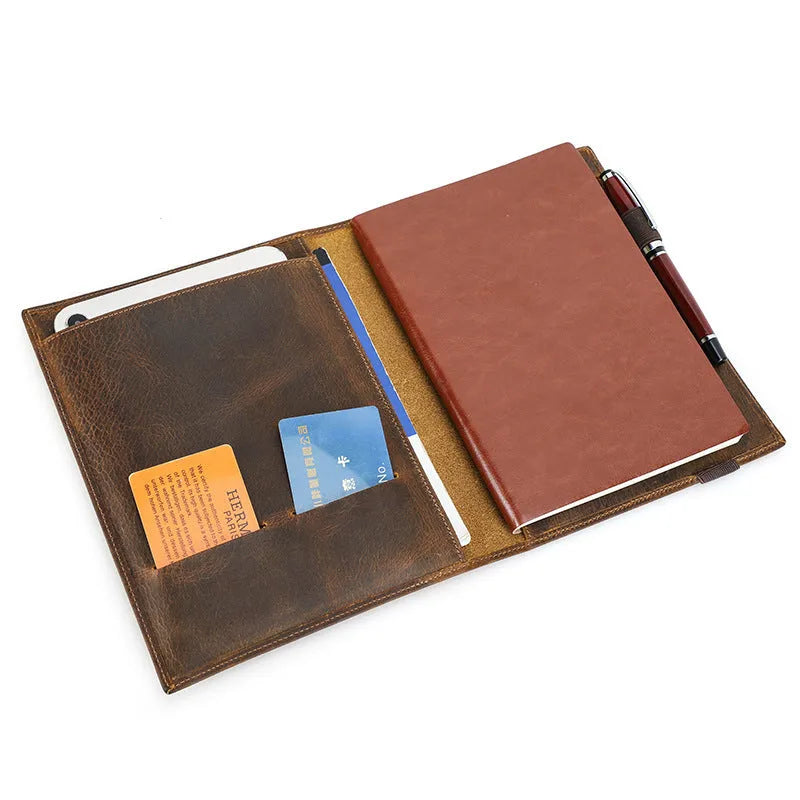 Brown Crazy Horse leather A5 notebook protective sleeve with square socket type design.
