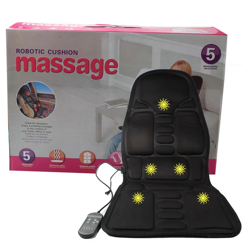 Black heating massage mat for infrared physiotherapy with power cord and seat cushion.