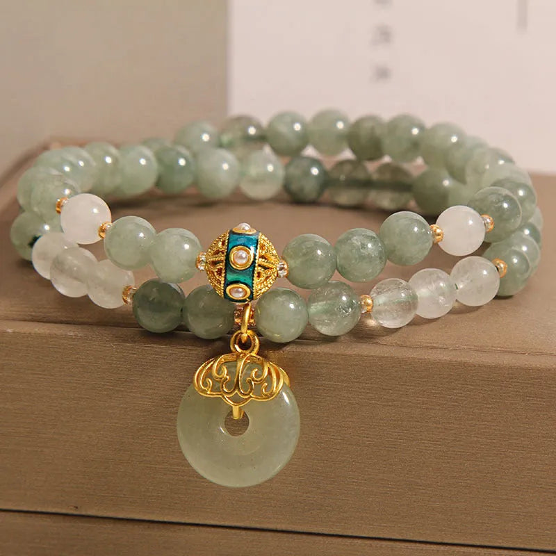 Women's double-layer aventurine jade bracelet with crystal rhinestones and safety buckle clasp