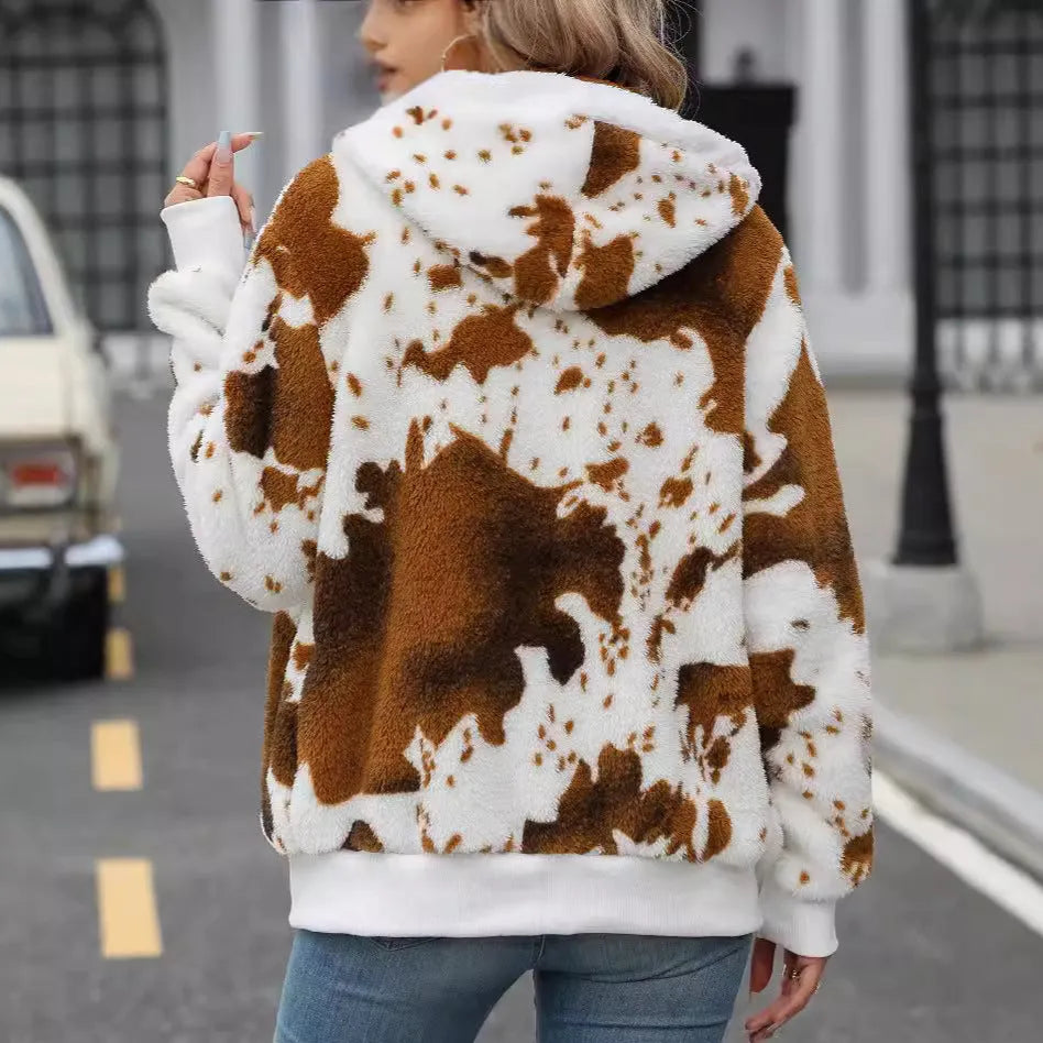 Yellow brown cow animal print hooded cardigan jacket with zipper front and street fashion styling