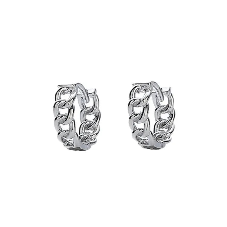 Silver geometric men's earrings made from copper, shown in 10mm and 14mm sizes as both single pieces and pairs.