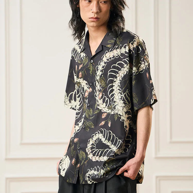 Men's loose fit short sleeve Cuban collar shirt with snake bone floral pattern print in assorted colours.