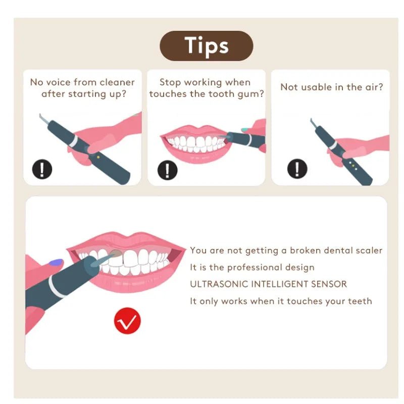 Gold-coloured handheld ultrasonic tooth cleaning device for tartar and stain removal