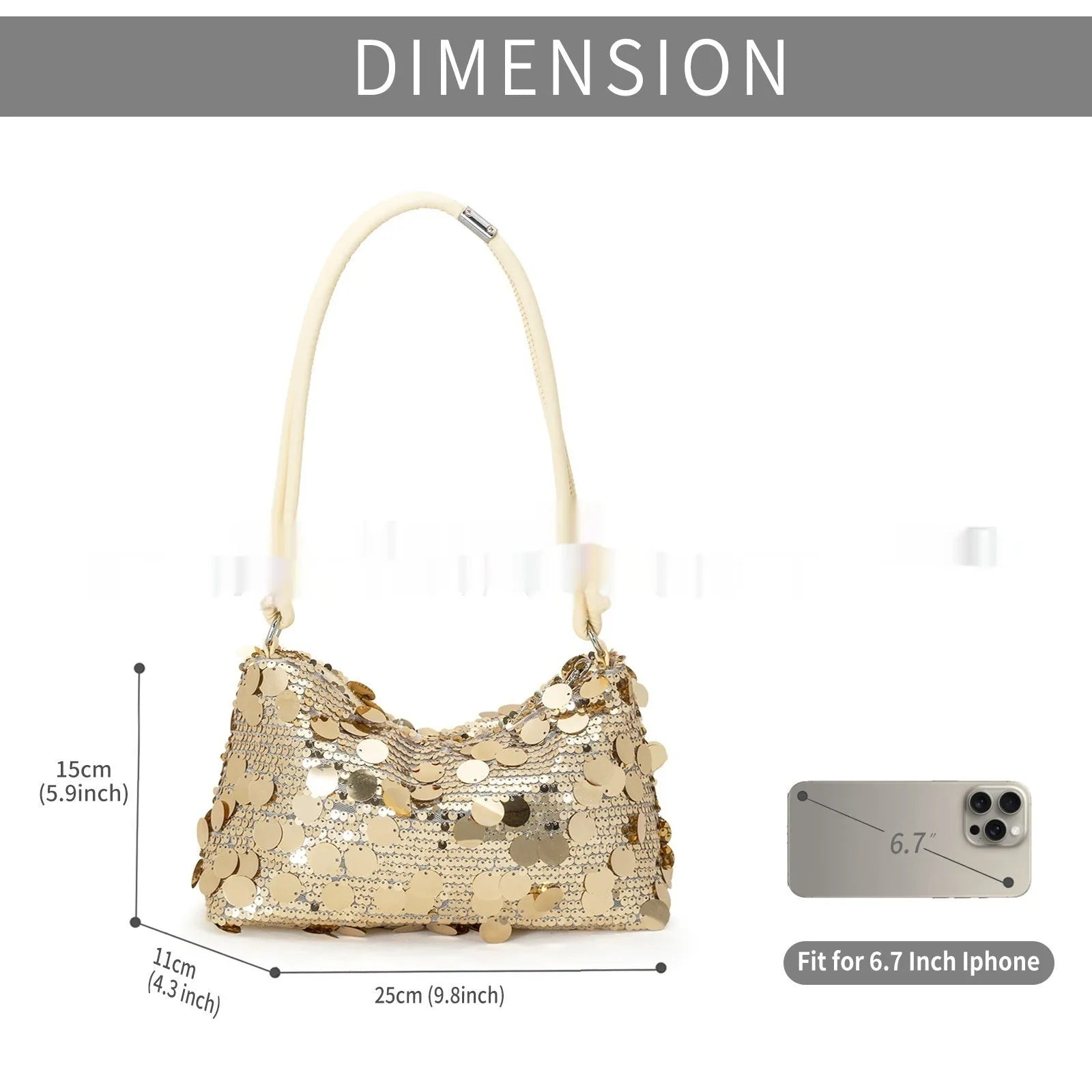 Women's soft polyester underarm crossbody bag in black, gold, or silver colour measuring 25x11x15cm