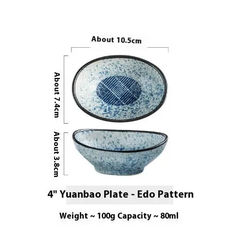 Japanese ceramic oval sauce dipping bowl with decorative glaze pattern