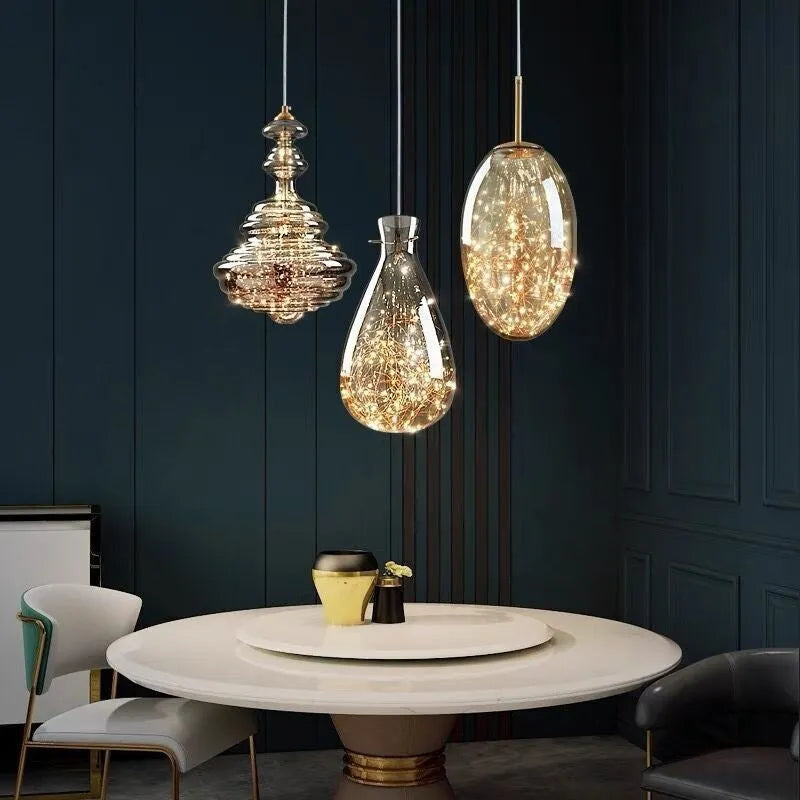 Modern glass chandelier ceiling light with adjustable drop showing remote control