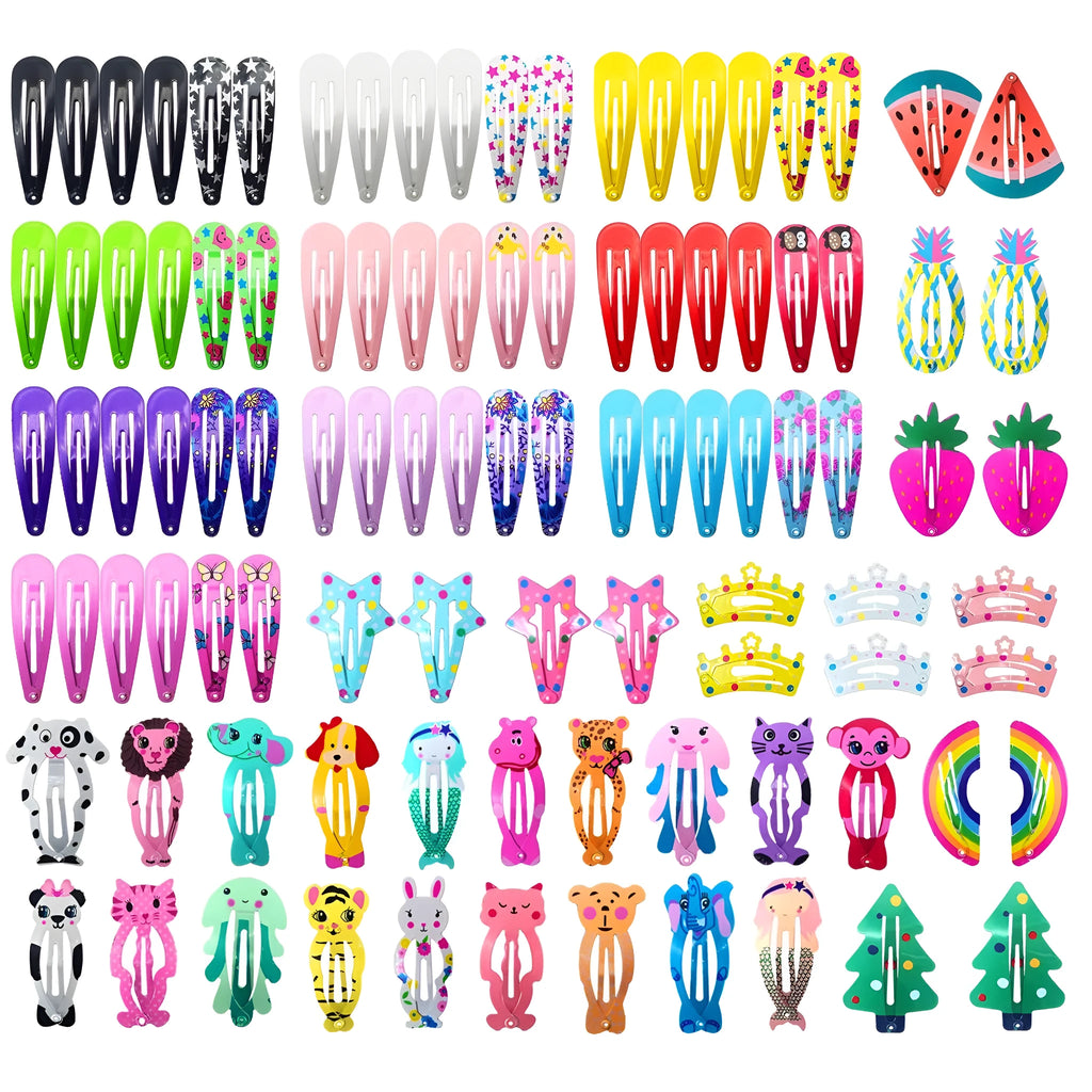 Assortment of 100 metal snap hair clips in candy colours showing animal, fruit, crown, star, and drop shapes.