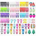 Assortment of 100 metal snap hair clips in candy colours showing animal, fruit, crown, star, and drop shapes.