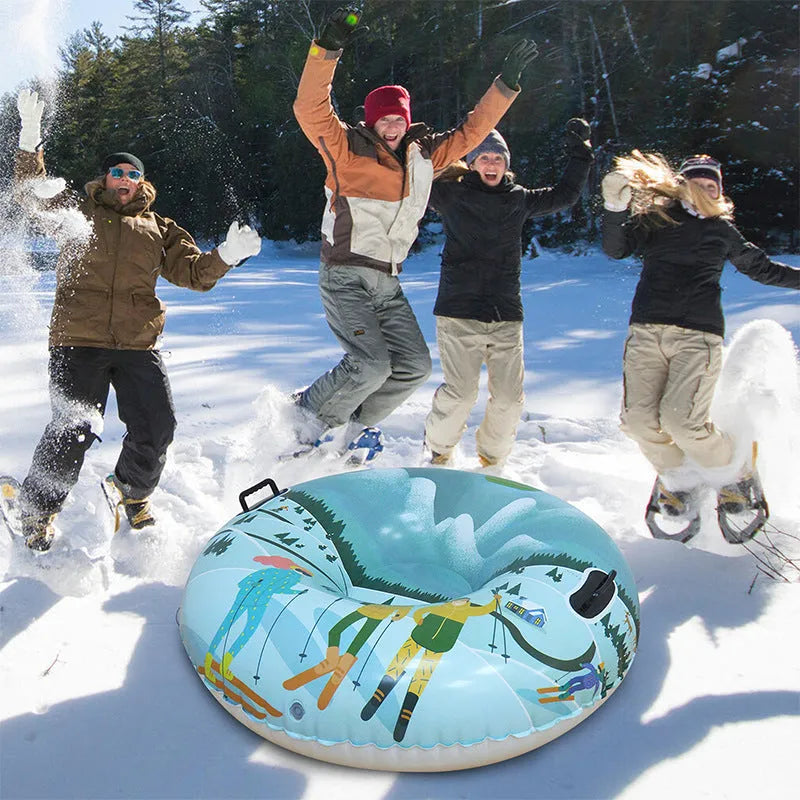 Thick PVC ski ring toy in snow mountain, ice blue, or flame red print for winter decoration.