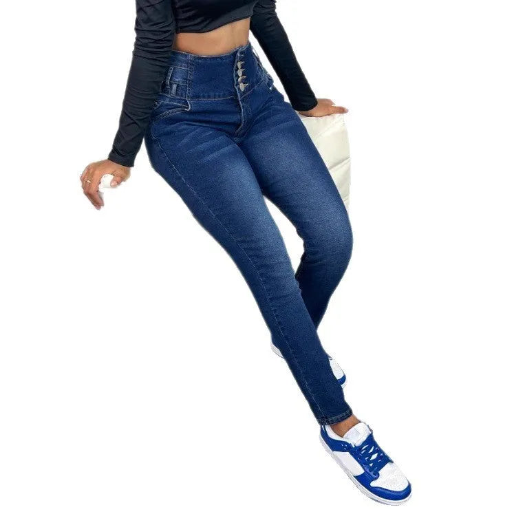 Dark blue women's denim trousers with a breasted waistband and straight-leg skinny fit.