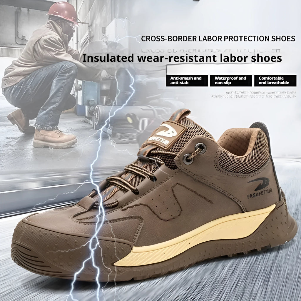 Flyknit leather work shoes with rubber sole, shown in black, brown, grey, and khaki colours.