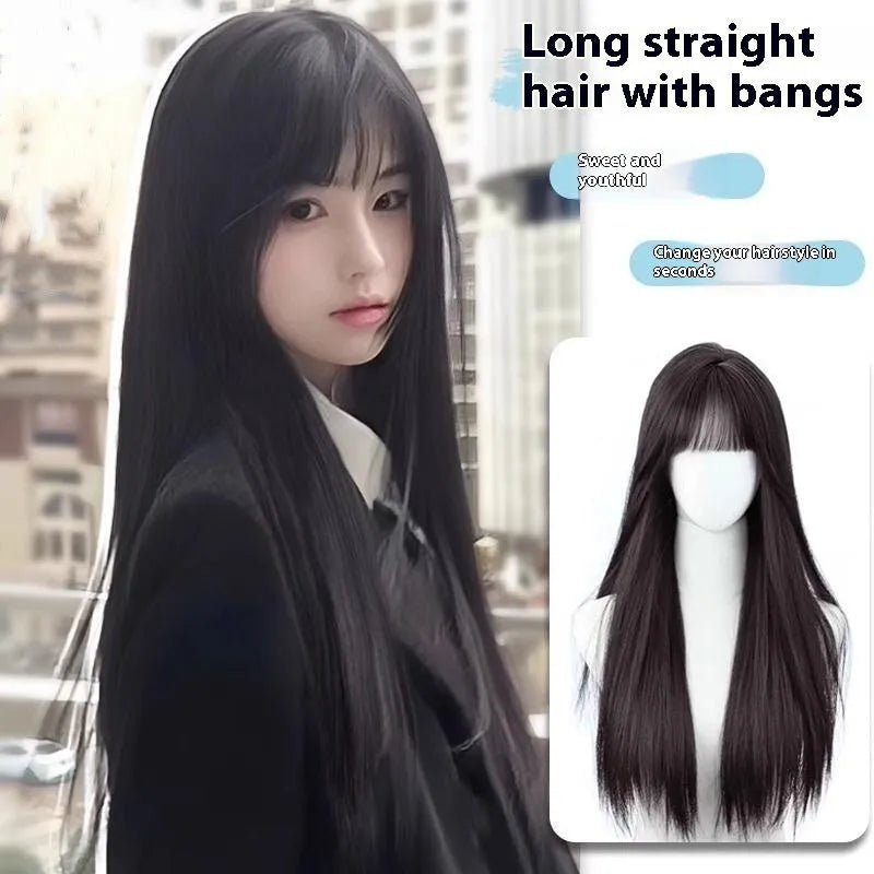 Long straight black synthetic wig with bangs, made from high temperature fibre for women.