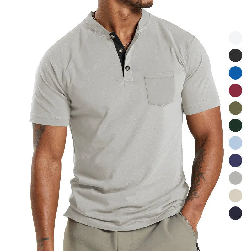 Plus size man wearing a solid colour short sleeve polyester shirt with a button chest pocket.