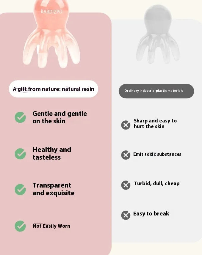 Pink octopus-shaped facial massage comb with dual-pronged tip for periocular pressure points