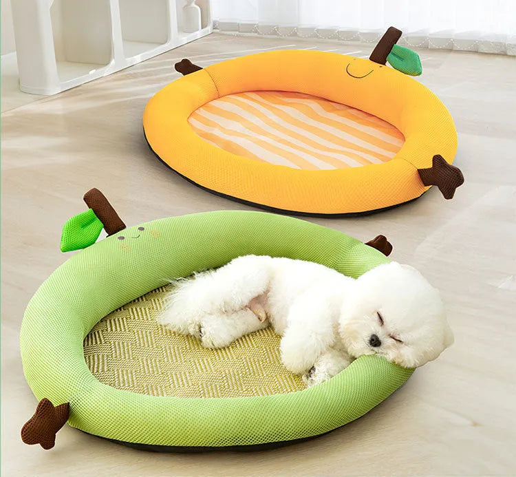 Green fruit backrest pet nest mat for dogs and cats with raised edge border in large size.
