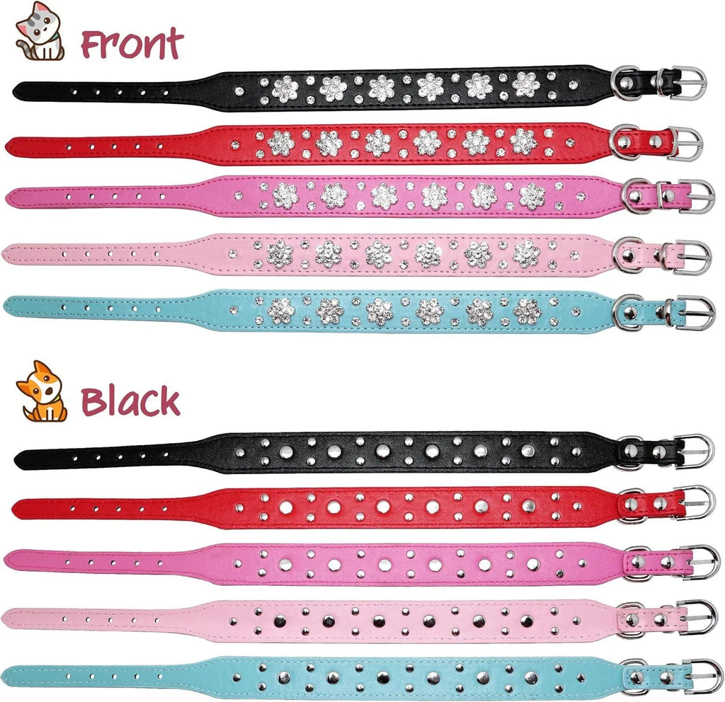 Cute PU leather dog collar with studded rhinestone flower pattern available in multiple colours for small and medium dogs