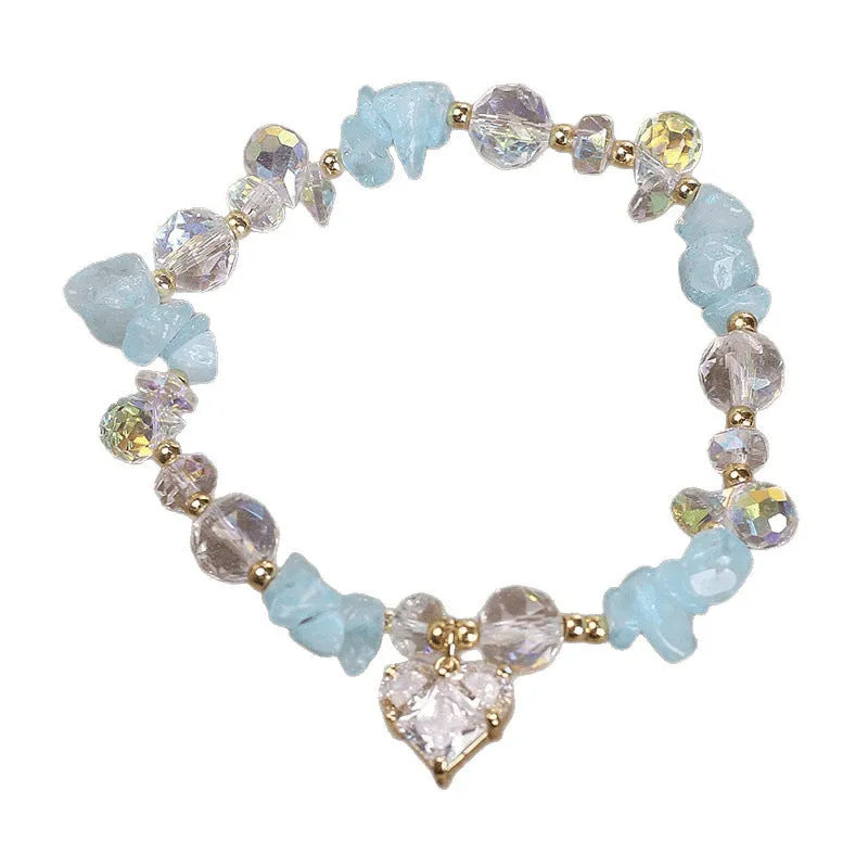 Sky blue aquamarine gravel crystal bracelet for women with heart detail and electroplated finish