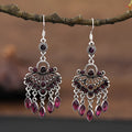 Purple retro ethnic style long fringe drop earrings with crystal details on alloy base