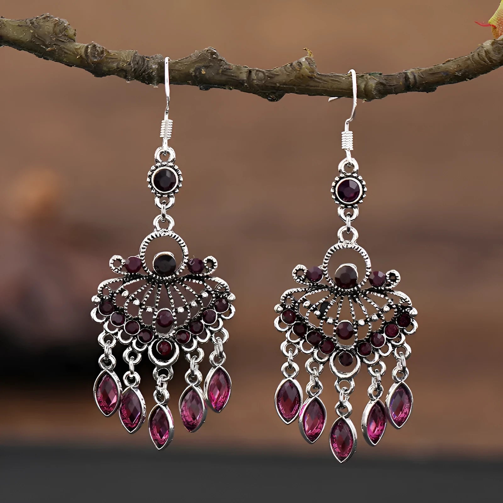 Purple retro ethnic style long fringe drop earrings with crystal details on alloy base