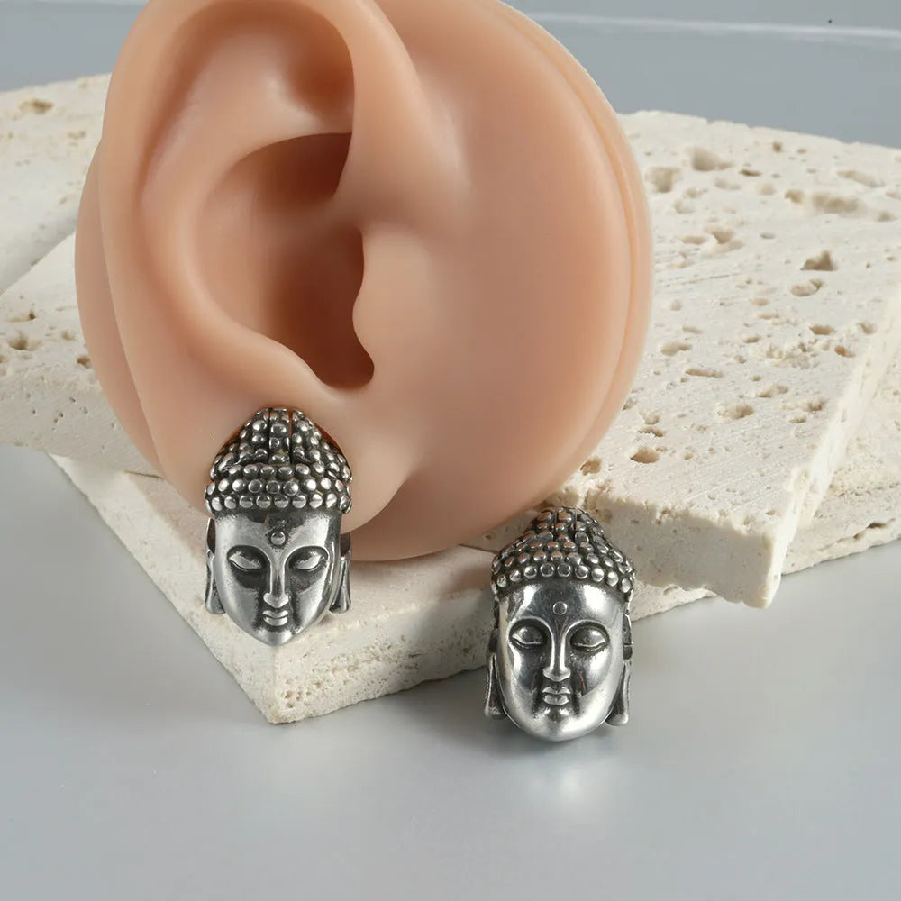 Stainless steel hollow skull Buddha earring in gold, black or steel colour for unisex hip hop fashion