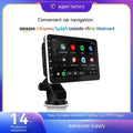 Wireless Bluetooth car navigation unit with 7 inch OLED screen showing map and reverse camera feed.