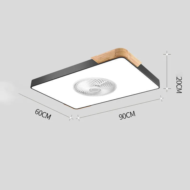 Nordic ceiling fan light with solid wood frame and white PVC lampshade, shown in rectangular, round, and square shapes.