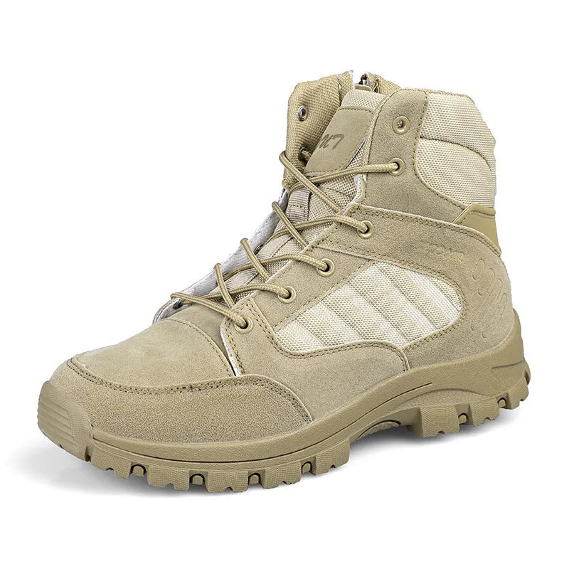 Men's high-top hiking shoes in green camouflage colour with artificial PU upper and metal accents.