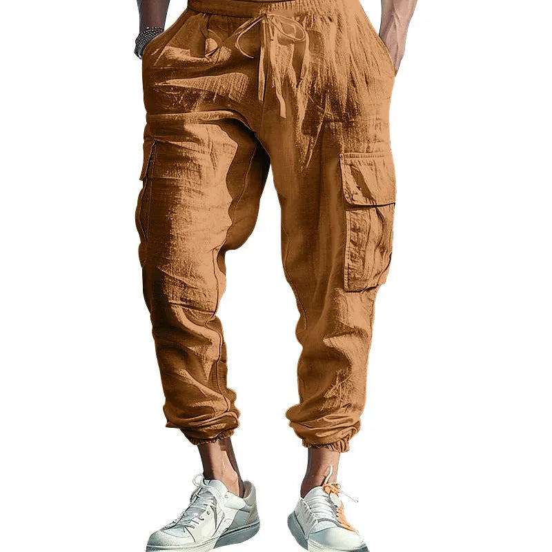 Men's linen cargo trousers with multi-pocket design in army green, black, navy blue, and yellowish brown