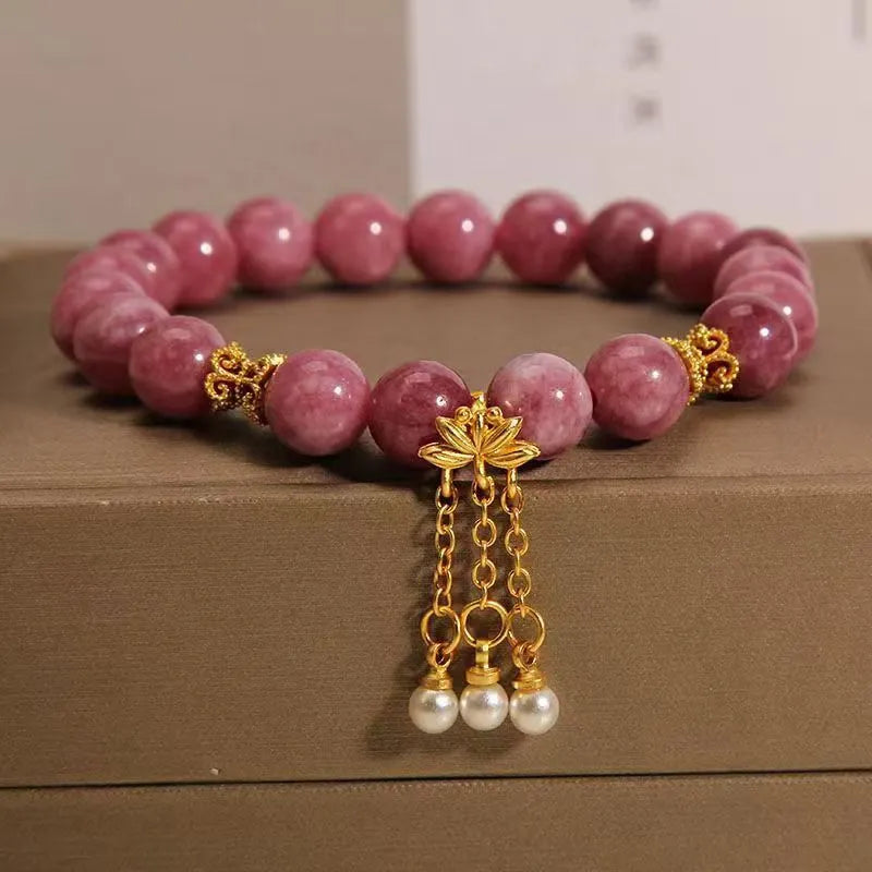 Pink lotus tassel natural stone bracelet with pearl pendant and electroplated finish