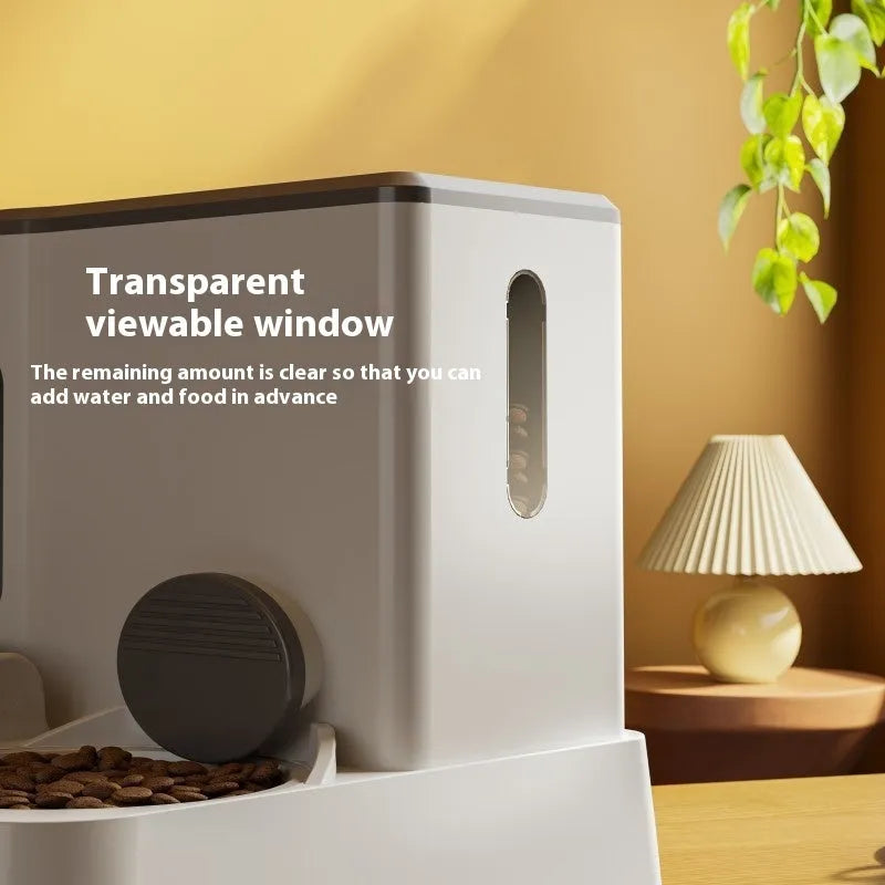Grey automatic cat feeder and water dispenser station with integrated double bowls