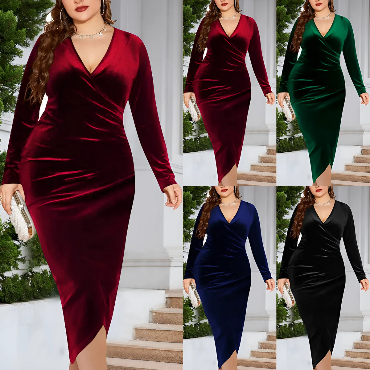 A plus-size woman wearing a red V-neck dress with long sleeves.