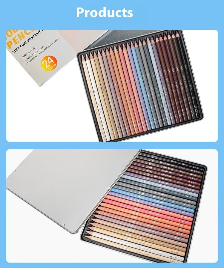 24 skin tone pencils in round iron storage pot for portrait artists and illustrators