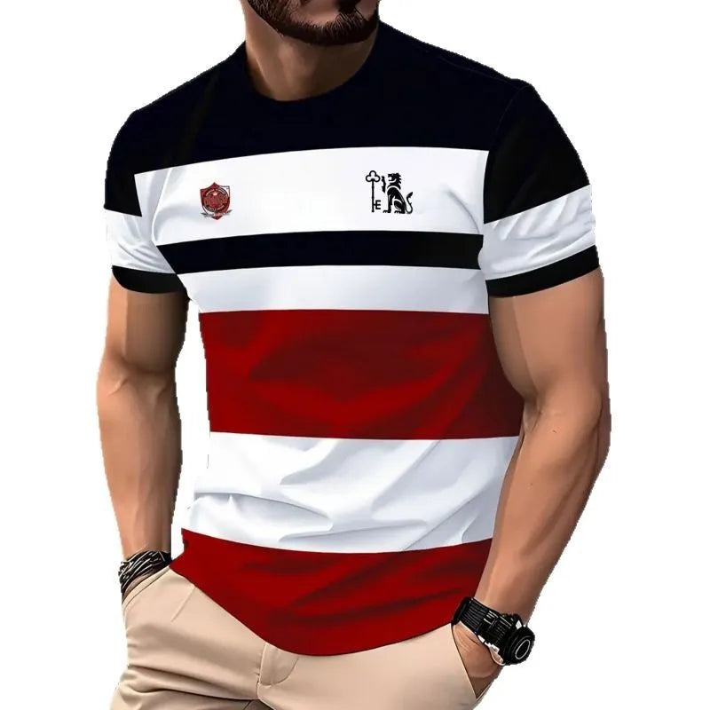 Men's loose fit casual t-shirt with 3D printed striped pattern on polyester fabric.