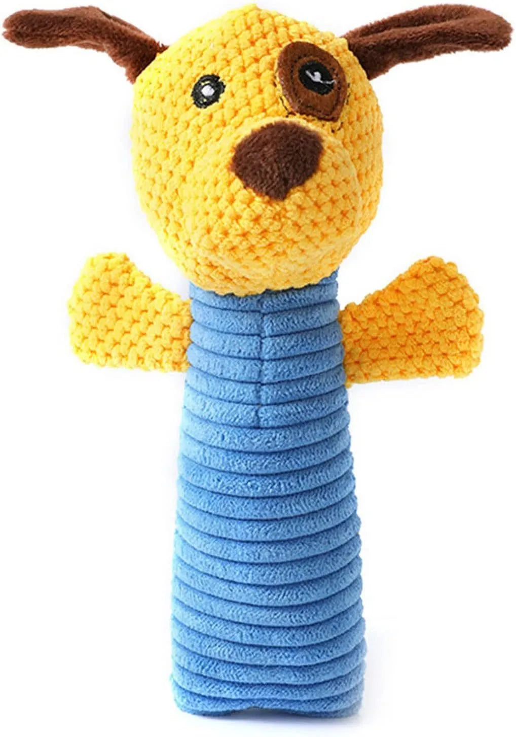Squeaky stuffed animal dog chew toy for dental care, shown in calf, frog, or puppy design.