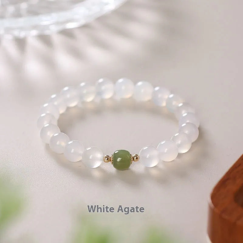 Handmade white agate and Hetian jade bracelet with crystal beads and cinnabar inlay detail