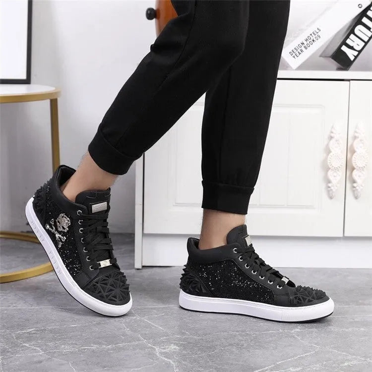 Men's black genuine leather skeleton high top shoes with lace-up front