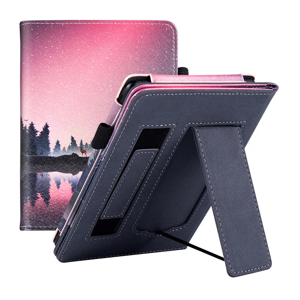 Kindle Paperwhite leather case with wrist splint bracket attached, showing calf leather exterior and microfiber interior